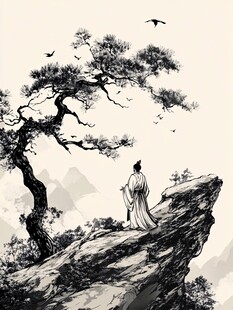 崖边雅士赏松观飞鸟