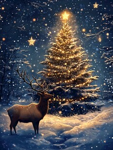 圣诞夜麋鹿与璀璨圣诞树
