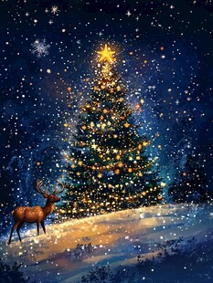 梦幻圣诞夜的驯鹿与圣诞树
