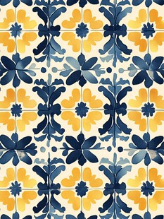 蓝黄花卉几何图案无缝背景
