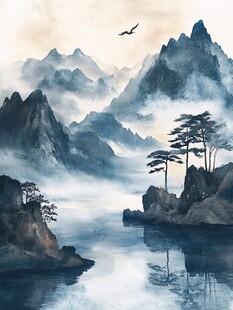 水墨山水间飞鸟伴松景