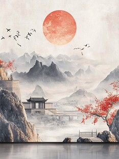 夕阳山水间的中式美景