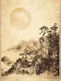 月夜山峦水墨图