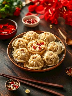 美味蒸饺摆于精致盘碟间