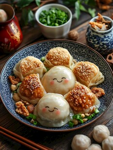 可爱笑脸生煎包摆盘中