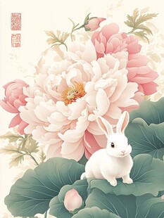 玉兔伴牡丹 祥瑞之景