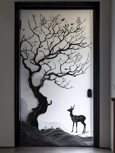 黑白树鹿艺术门饰图案