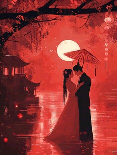 月下古风情侣相依伞下