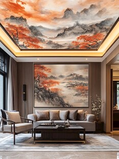 中式客厅的山水艺术吊顶