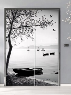黑白湖畔风景移门图案