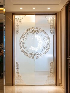 中式雕花玻璃双开隔断门