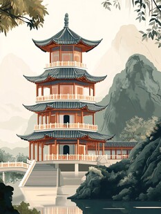 古风山水间的中式宝塔