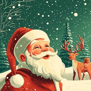 圣诞老人与驯鹿的冬日雪景