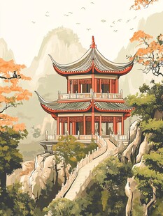 山间古亭映秋景