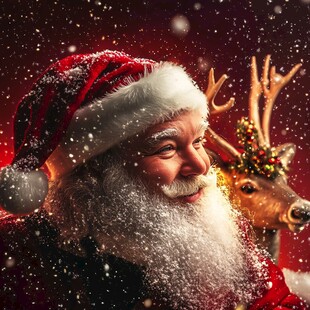 圣诞老人与驯鹿的温馨画面