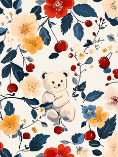 小熊栖于繁花间的图案