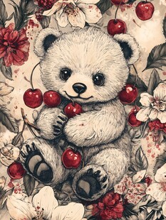 小熊抱樱桃的花卉插画