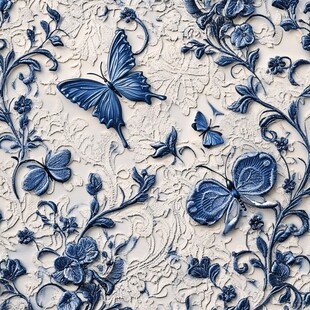 蓝白蝶花浮雕装饰艺术