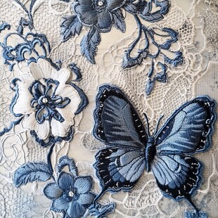 蓝白刺绣蝴蝶花朵蕾丝图案