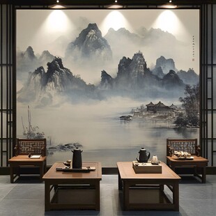 中式茶室山水意境墙面装饰