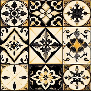 复古黑白黄花纹瓷砖图案