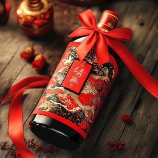 中式喜庆酒瓶 龙纹红绸装饰
