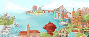 山东青岛地标建筑手绘插画
