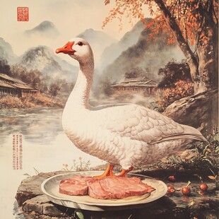 田园白鹅与盘中鲜肉图景