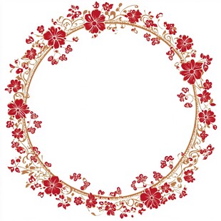 红色花卉圆形花边装饰图案