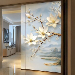 玉兰花中式玄关精美壁画