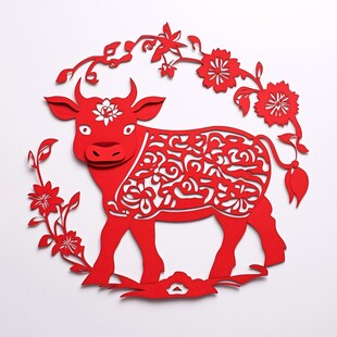 牛年剪纸 灵动牛与花卉图案