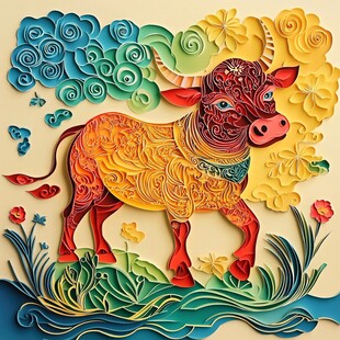 彩色剪纸风的吉祥牛形象
