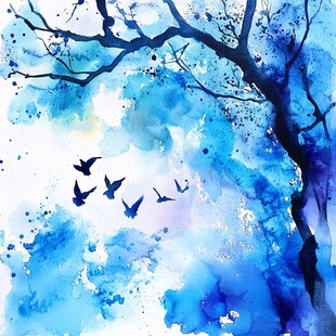 蓝调水墨风飞鸟与枯树