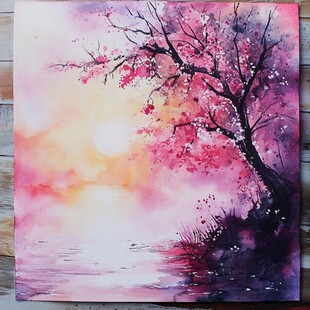 梦幻樱花树畔的湖畔美景