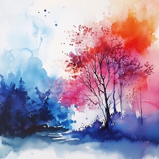 梦幻水彩绘就的多彩树林