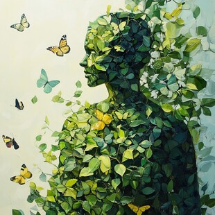 绿叶化身人形与蝴蝶共舞