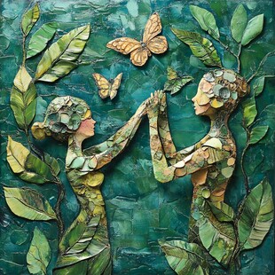 树叶拼贴的梦幻双人图景