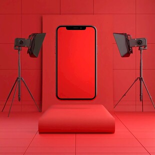 红色背景下的手机拍摄场景