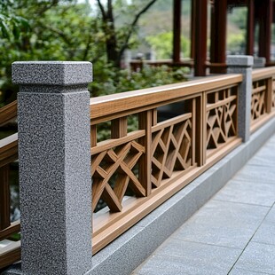 中式园林木质雕花护栏景观