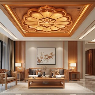 中式客厅木雕精美天花板