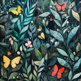 梦幻森林中的蝴蝶与绿植