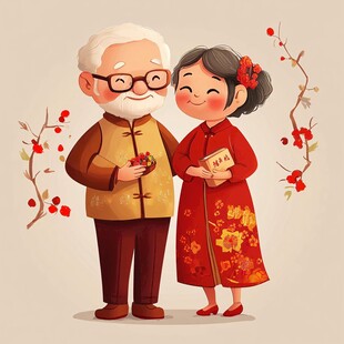 老夫妻喜庆相伴贺佳节