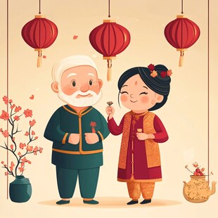爷孙贺岁 传统佳节温馨画面