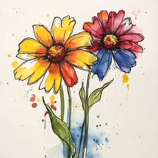 水彩绘双花 绚丽色彩绽放