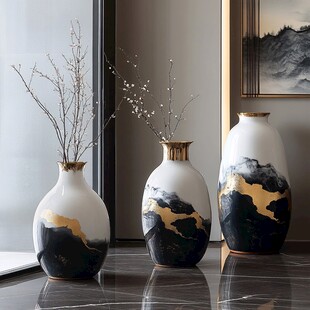 中式山水风陶瓷花瓶摆件