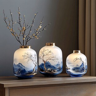 中式山水图案陶瓷花瓶摆件
