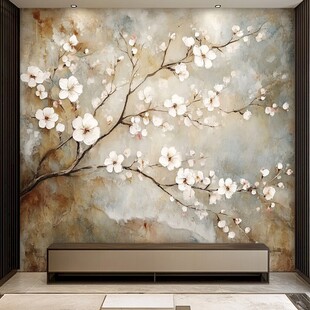 中式手绘花卉电视背景墙