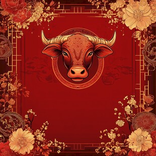 牛年喜庆插画 花卉环绕