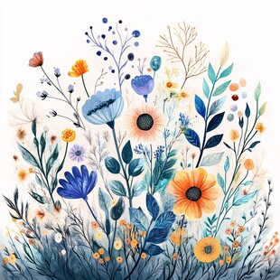 水彩绘就的多彩花卉世界