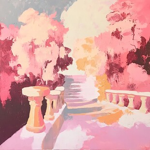 梦幻粉色林间石阶小路